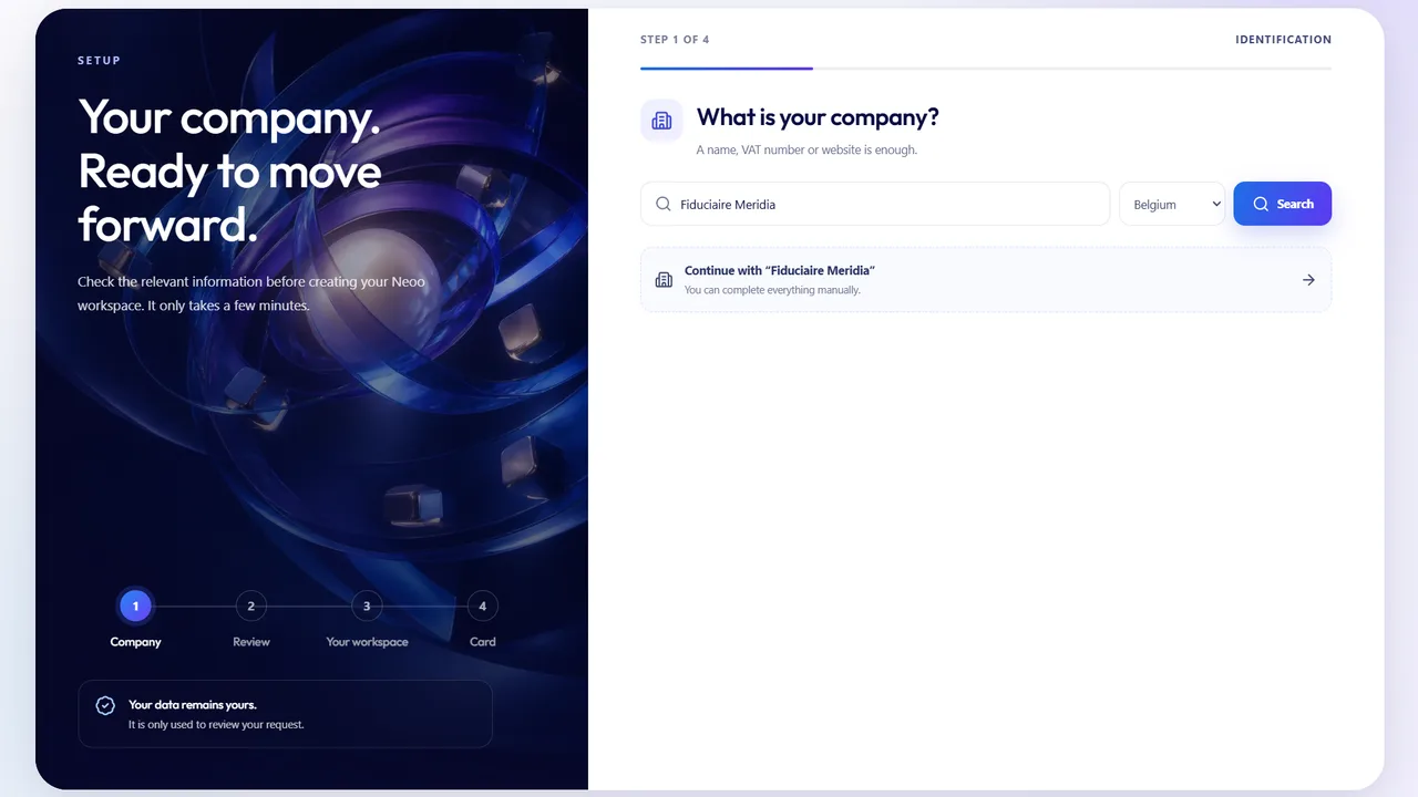 start.neoo.io, étape 1 sur 4 : recherche de la société par nom, numéro de TVA ou site web