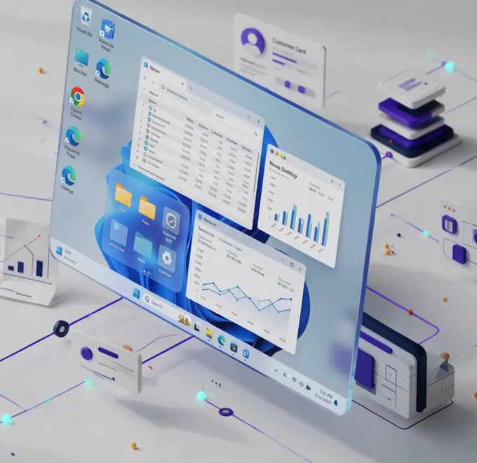 Bureau Windows complet ouvert dans Neoo Desktop, avec explorateur de fichiers et tableaux de bord.