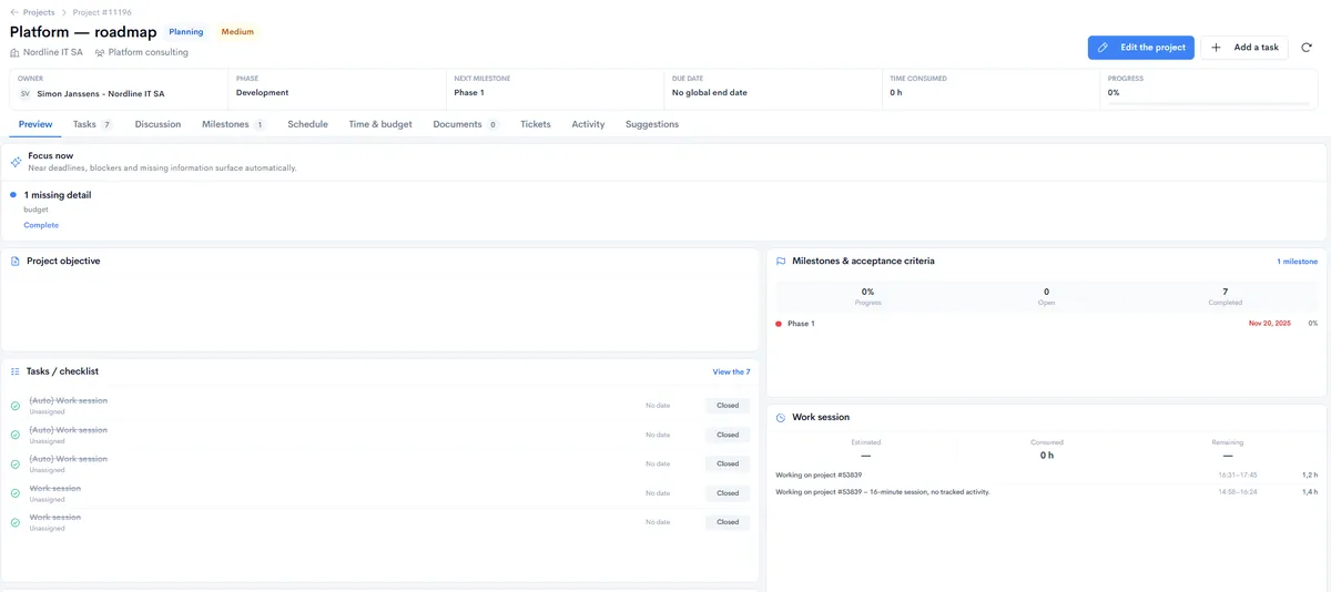 Fiche projet dans Neoo : responsable, phase, prochain jalon, échéance, temps consommé et avancement, puis Focus now, tâches, jalons et sessions de travail.