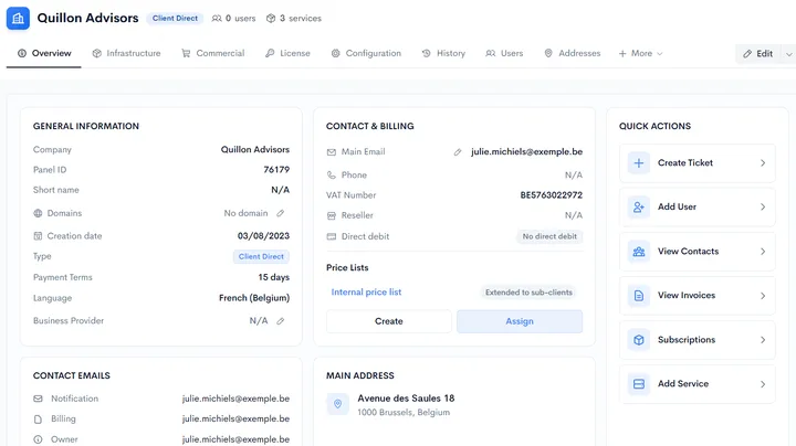 Onglet Informations client d’un ticket dans Neoo : informations générales, contact et facturation, listes de prix et actions rapides.